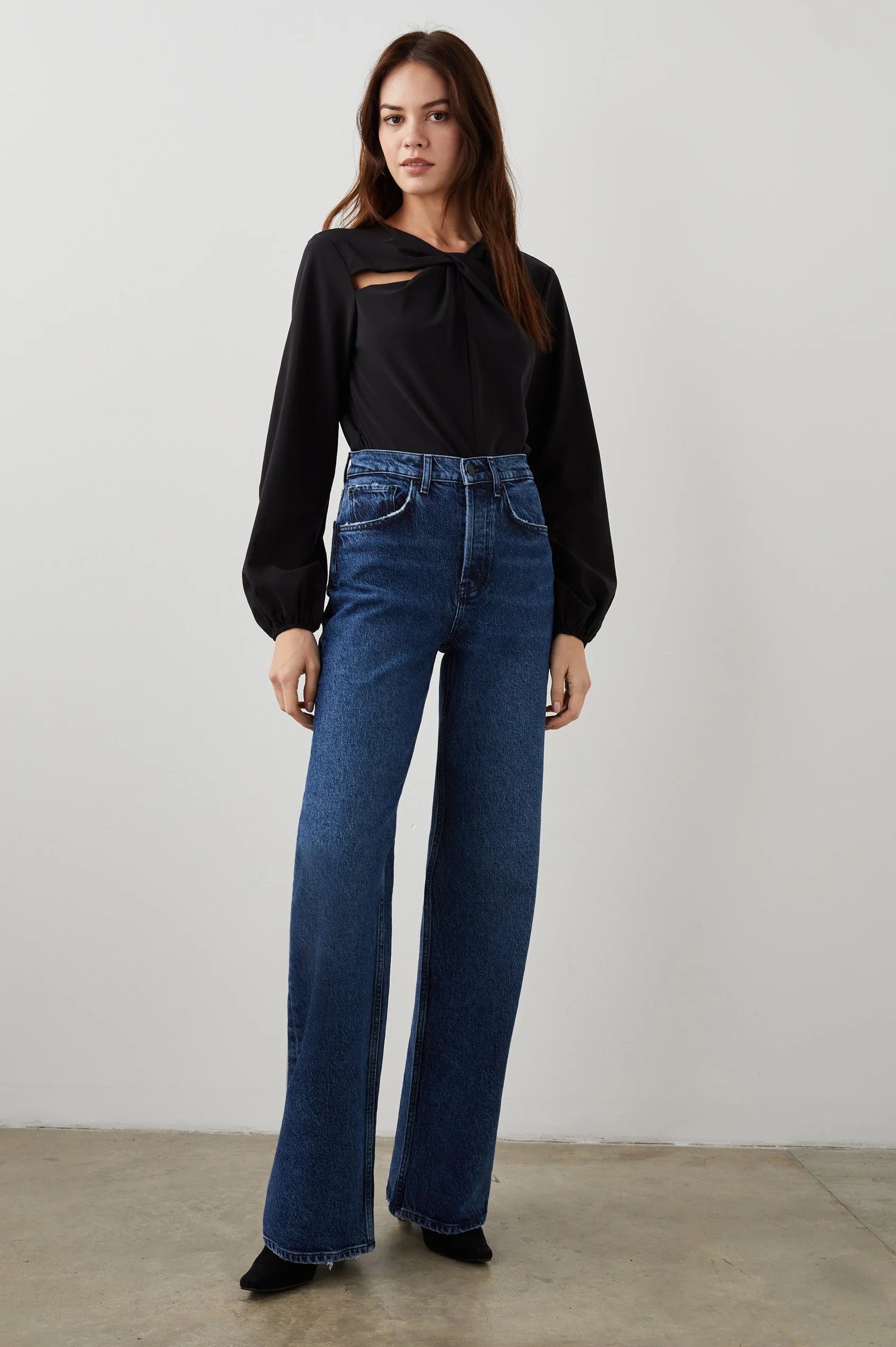 Wide leg blue jeans with a high waist