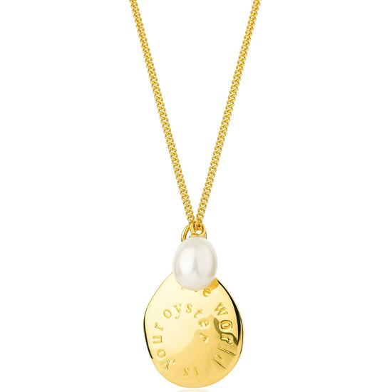 Gold chain with gold "the world is your oyster" pendant and pearl 