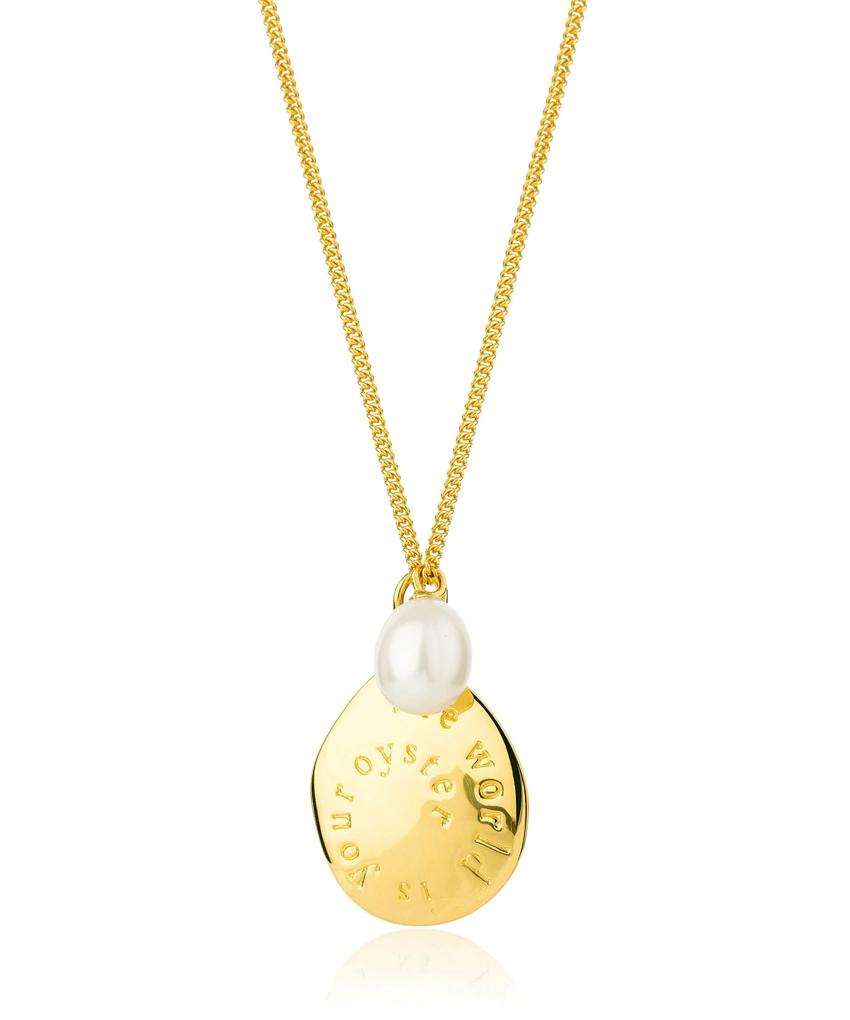 Gold chain with gold "the world is your oyster" pendant and pearl 