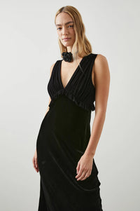Black V neck dress with gathered strapless viscose and silk blend gathered top with ruffle empire line detailing and a straight velvet midi skirt