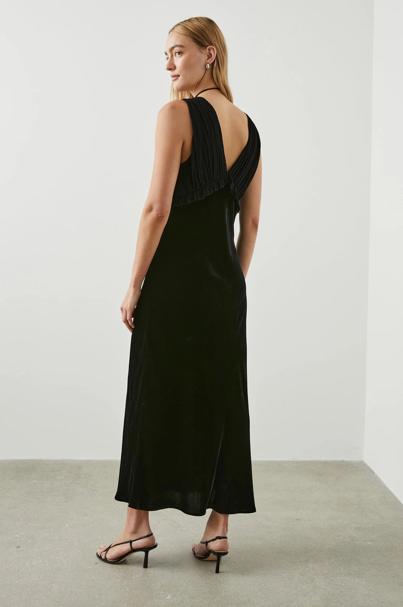 Black V neck dress with gathered strapless viscose and silk blend gathered top with ruffle empire line detailing and a straight velvet midi skirt
