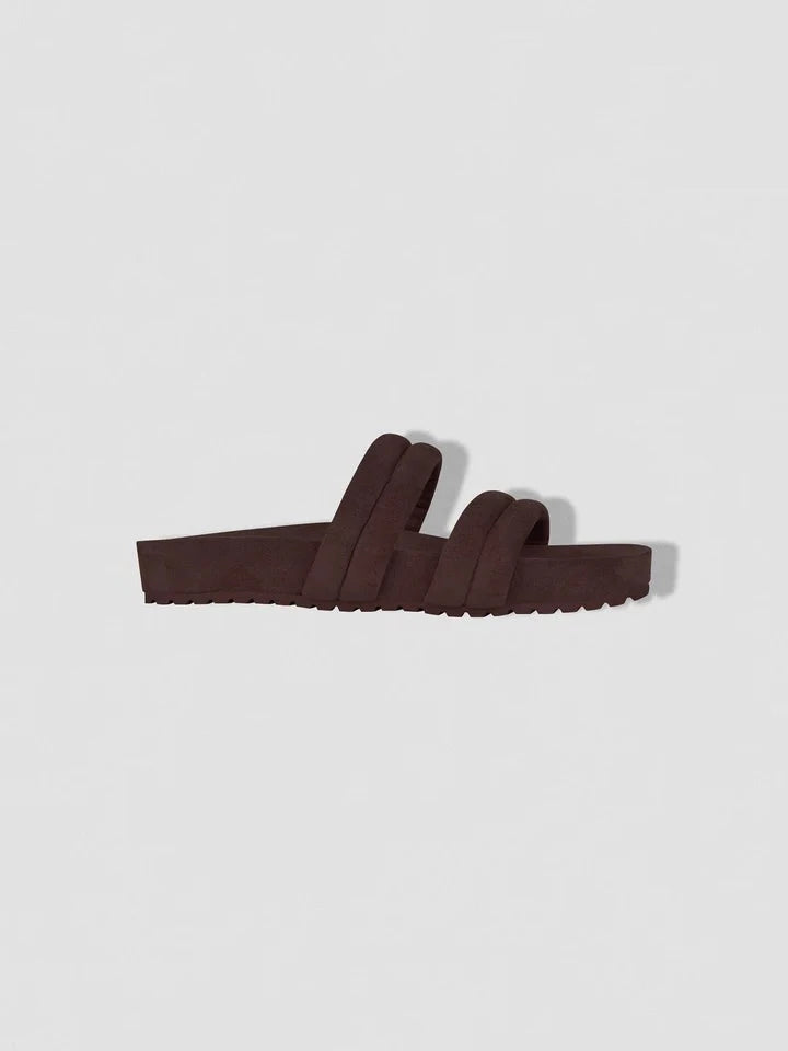 Dark brown faux suede slider with double straps over footarch