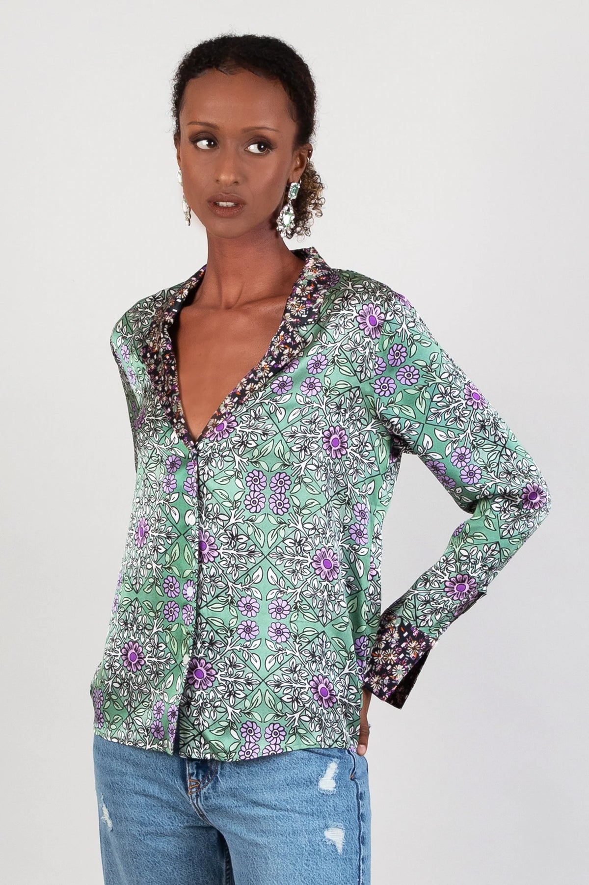 Green and purple tile print blazer style button through shirt