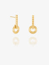 A pair of gold-toned drop earrings with a textured vertical bar, a circular ring, and a smaller concentric ring, displayed on a clean white background with a soft reflection below.