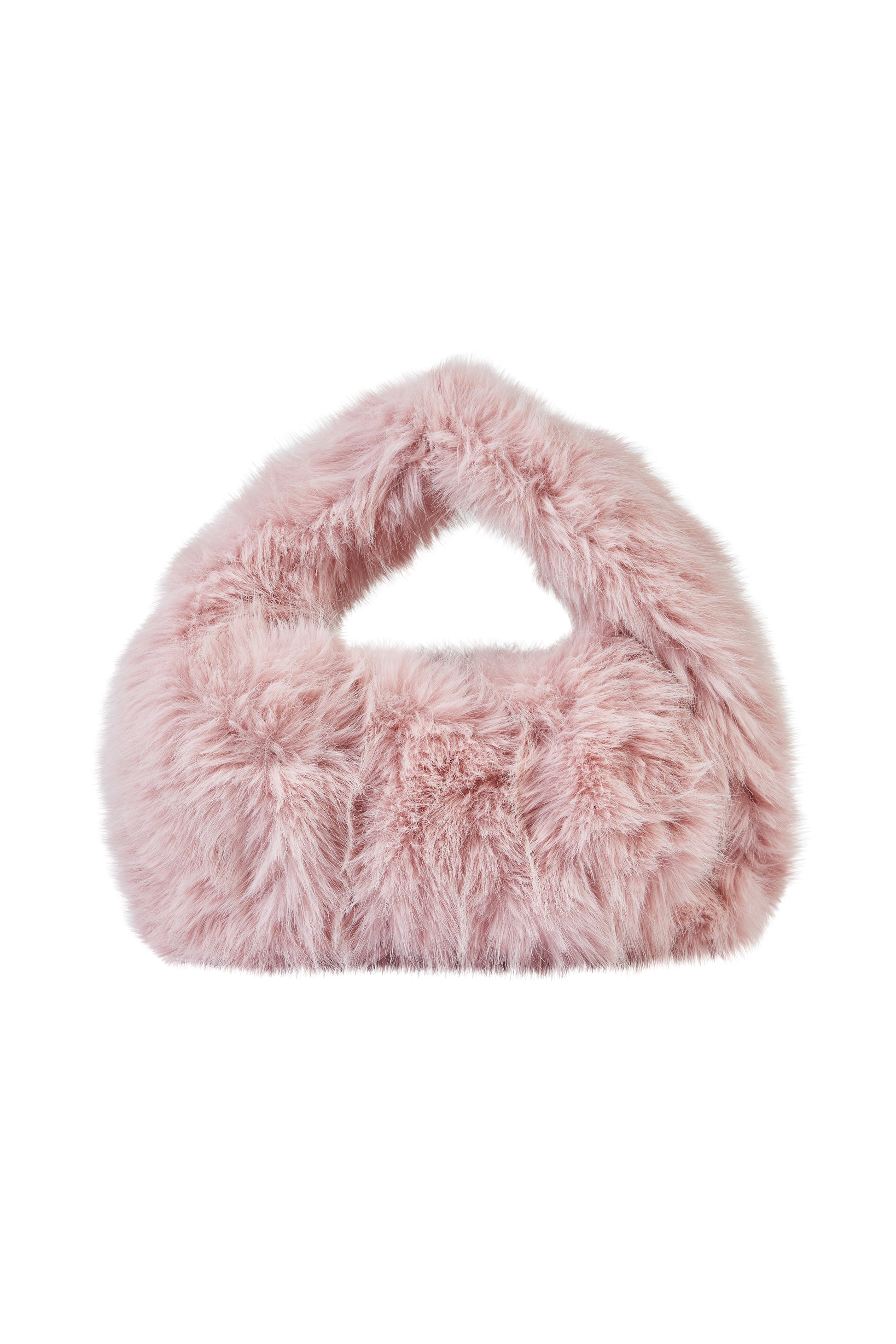 pink faux fur baguette bag with twisted handle and zipped closure 