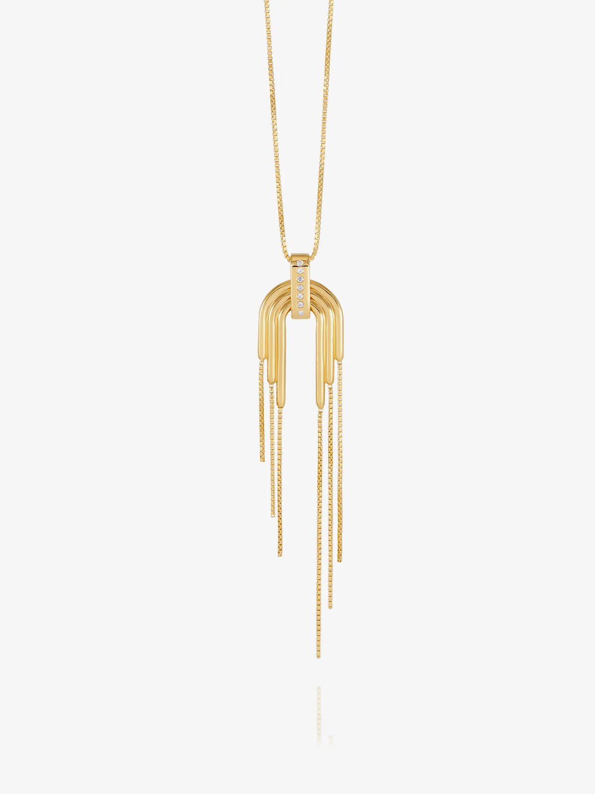 A gold pendant necklace featuring a multi-bar arch design with hanging chain tails, displayed against a clean white background.