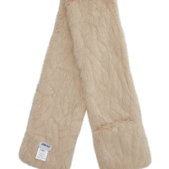 beige faux fur scarf with slip pockets either side 