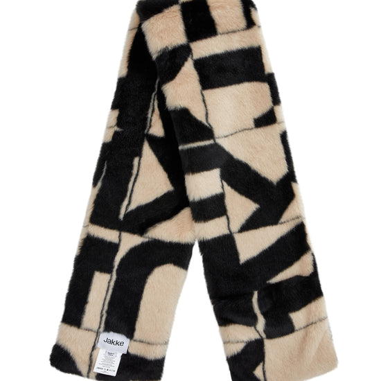 black and white monochrome print faux fur scarf