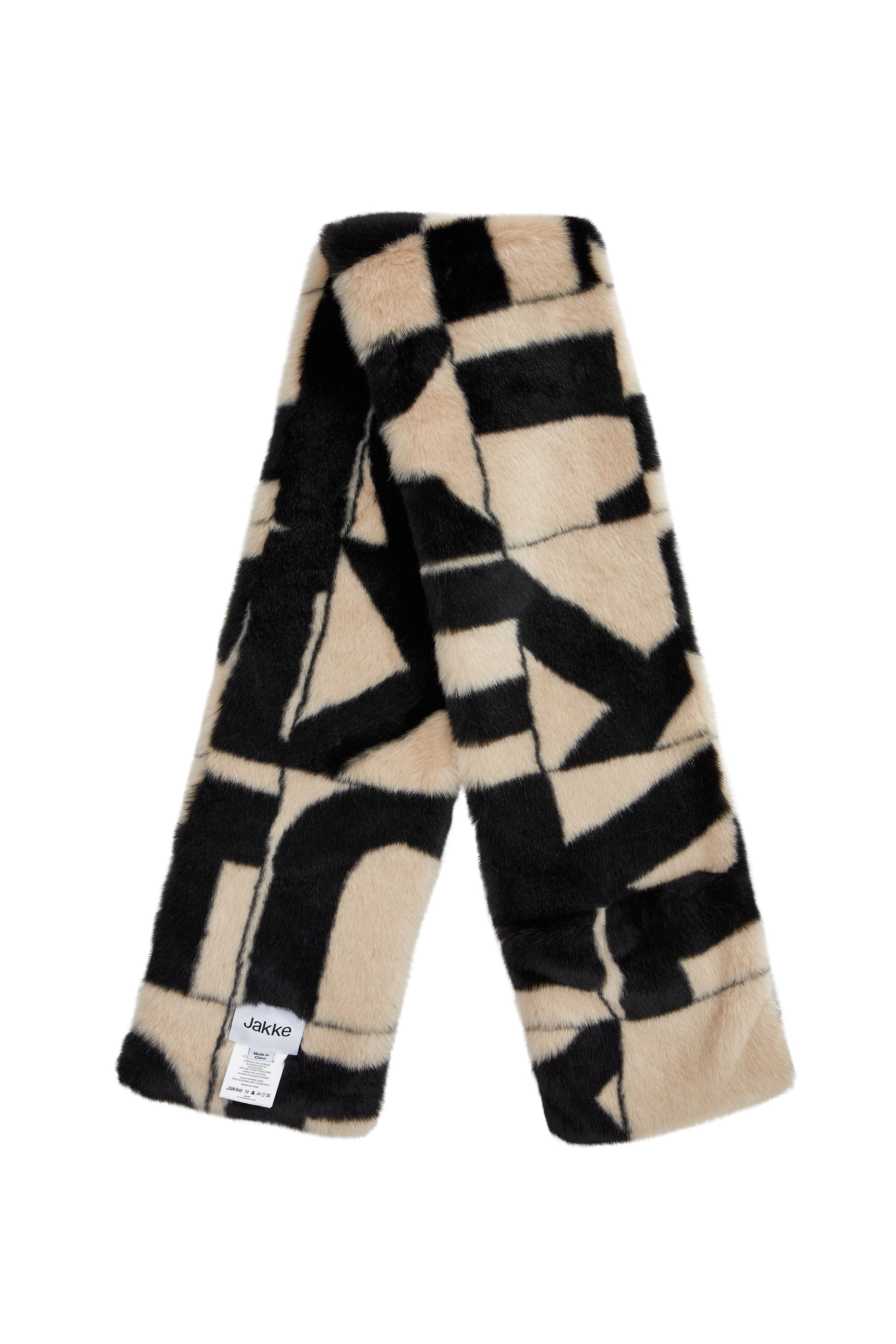 black and white monochrome print faux fur scarf