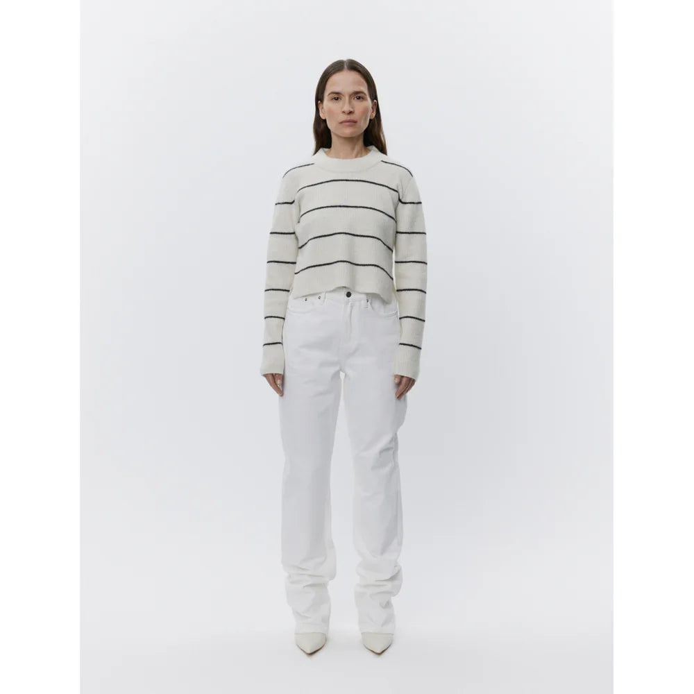 white wool round neck knit wide small side slits and thin black stripes 