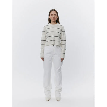 white wool round neck knit wide small side slits and thin black stripes 