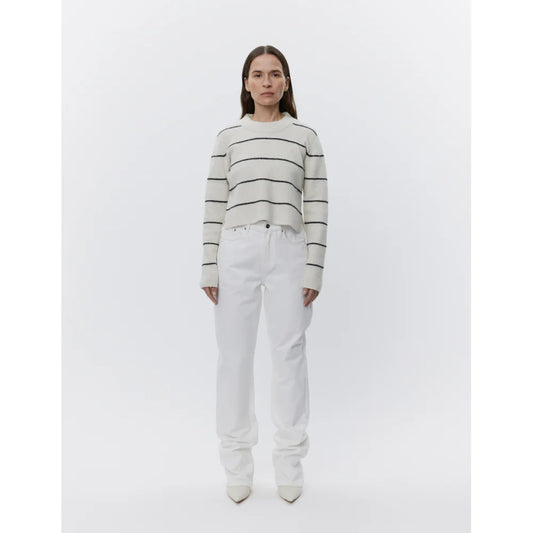 white wool round neck knit wide small side slits and thin black stripes 