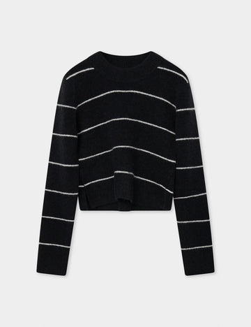 black knit with thin stripe with round ribbed neck and small side slits