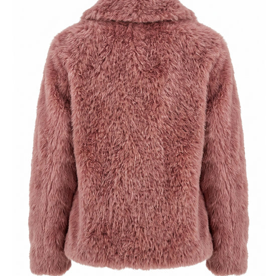 A dusty rose faux fur jacket shown from the back, featuring a soft, textured pile and a wide collar, set against a plain white background.