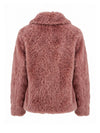 A dusty rose faux fur jacket shown from the back, featuring a soft, textured pile and a wide collar, set against a plain white background.