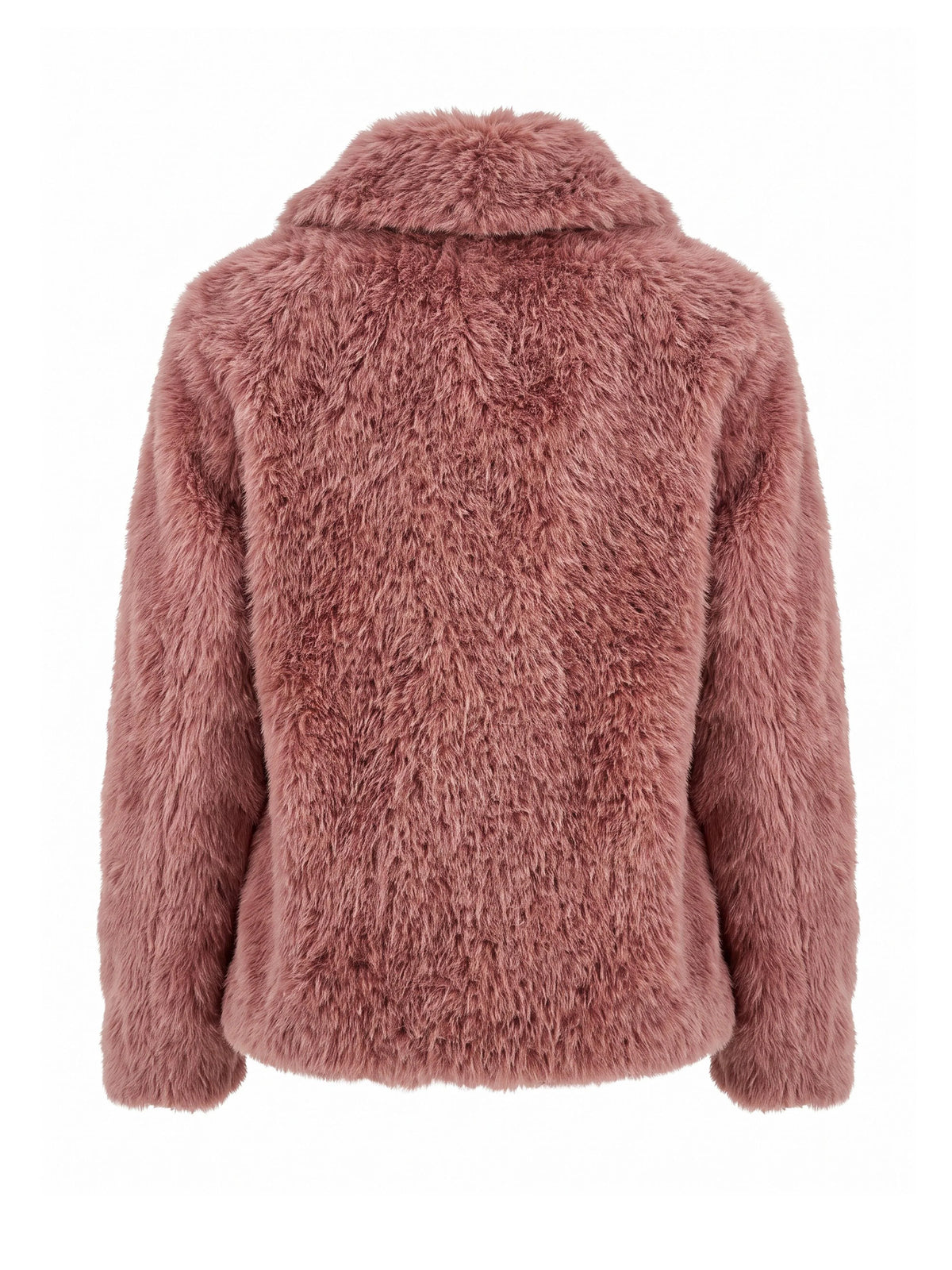 A dusty rose faux fur jacket shown from the back, featuring a soft, textured pile and a wide collar, set against a plain white background.