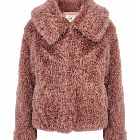 A dusty rose faux fur jacket with a wide collar, displayed on a clean white background.