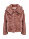 A dusty rose faux fur jacket with a wide collar, displayed on a clean white background.