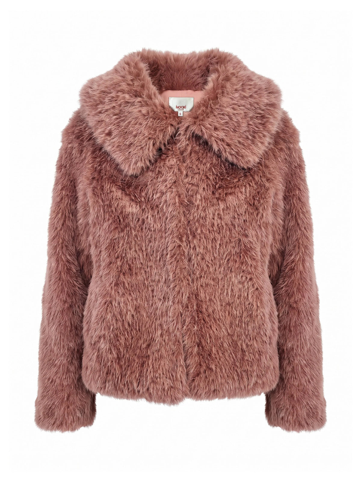 A dusty rose faux fur jacket with a wide collar, displayed on a clean white background.