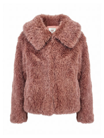 A dusty rose faux fur jacket with a wide collar, displayed on a clean white background.