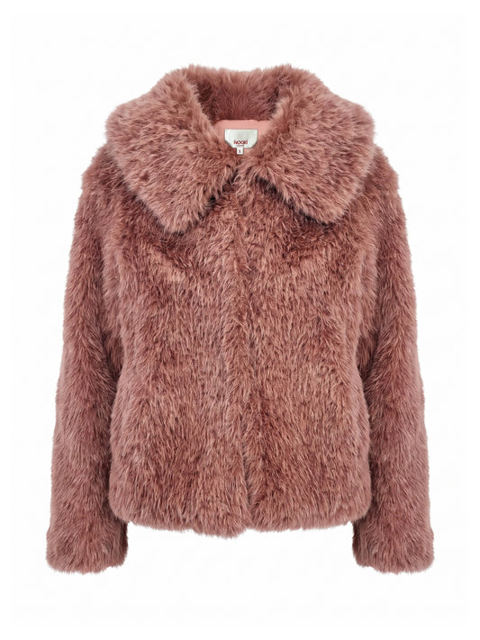 A dusty rose faux fur jacket with a wide collar, displayed on a clean white background.
