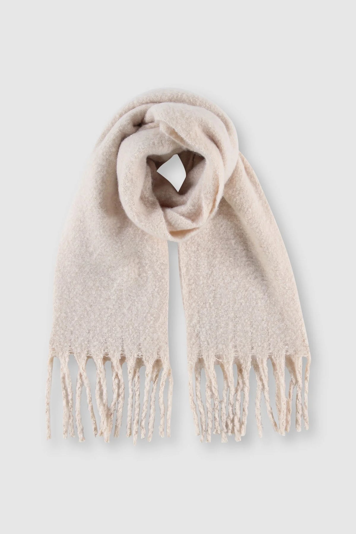 Stone coloured furry oblong scarf with tassels