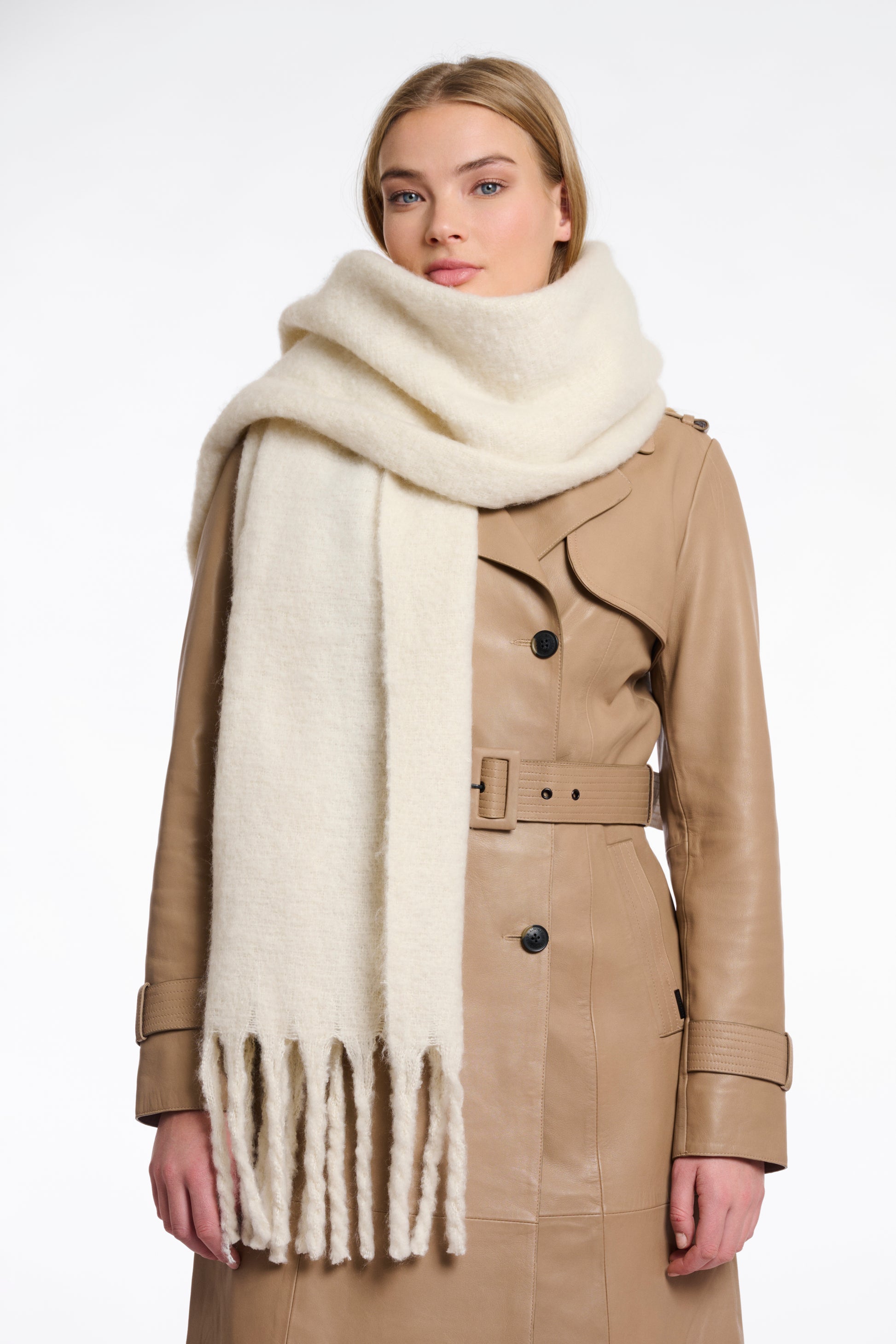birch coloured big scarf with tassel ends model shot