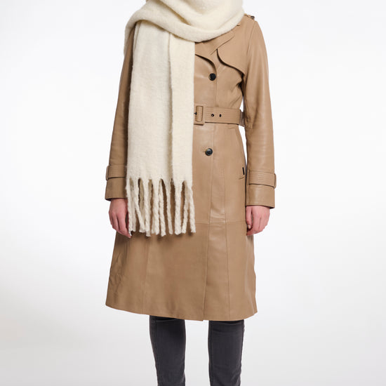 birch coloured big scarf with tassel ends model shot