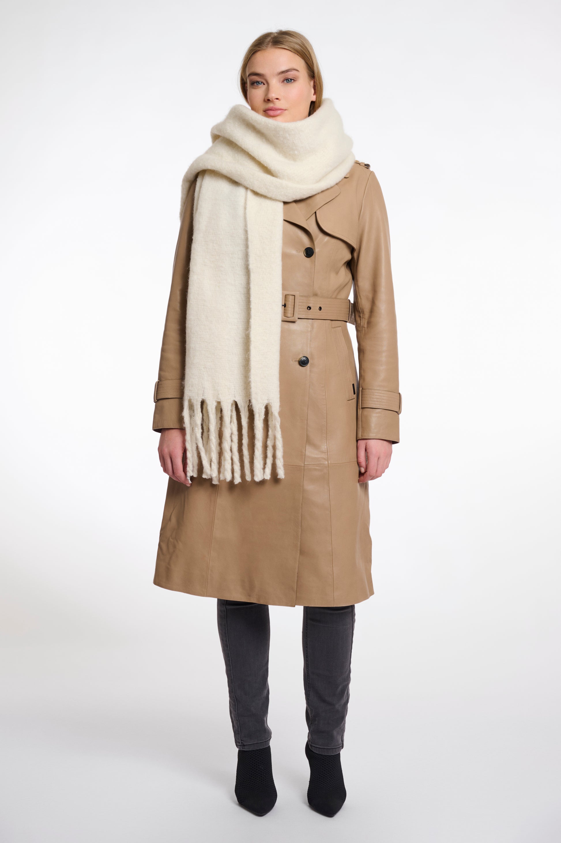 birch coloured big scarf with tassel ends model shot