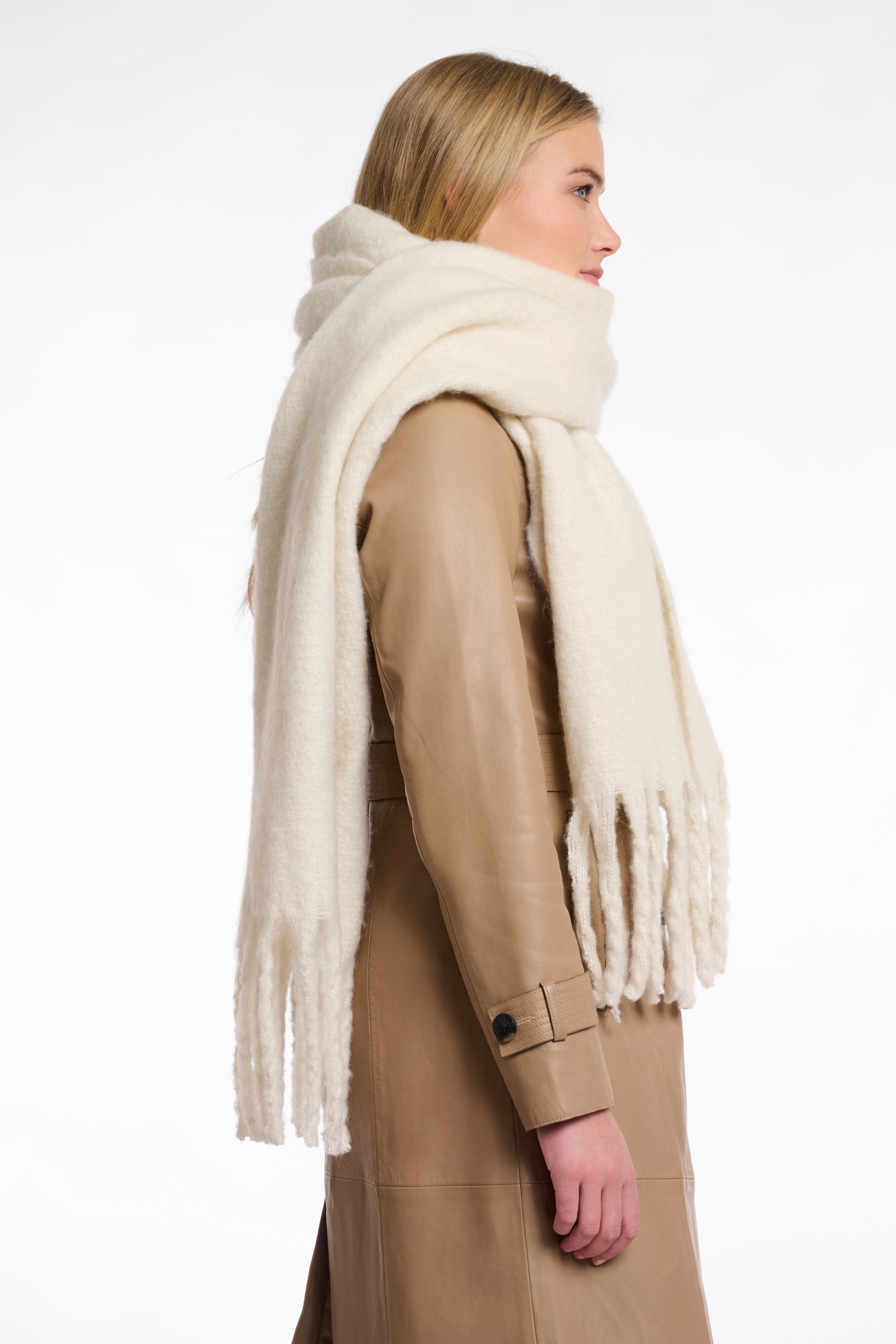 birch coloured big scarf with tassel ends side view 
