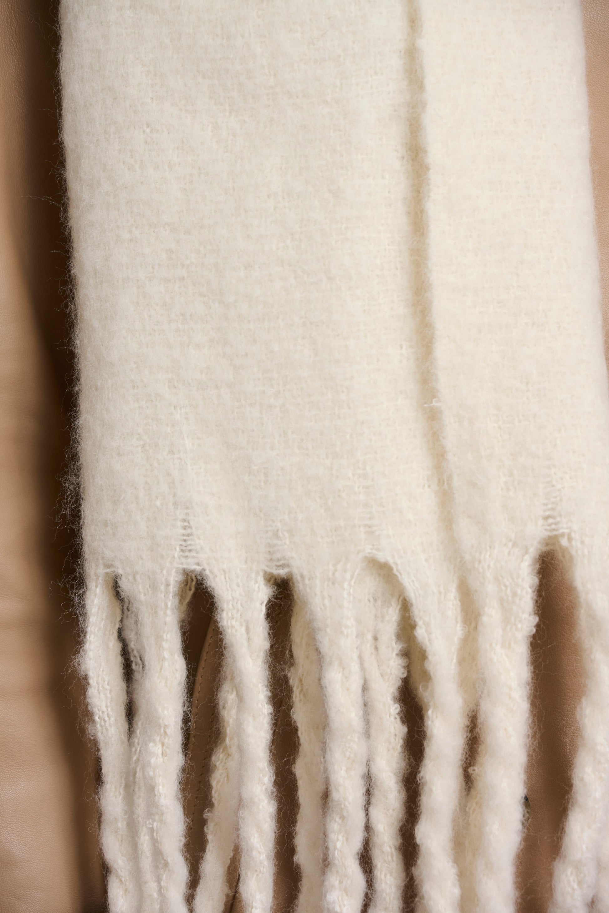 birch coloured big scarf with tassel ends close up
