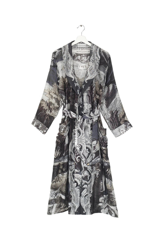 dark grey and green robe with versailles inspired print 