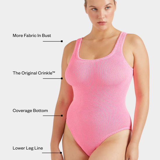 Woman wearing a pink swimsuit with labeled features on a white background