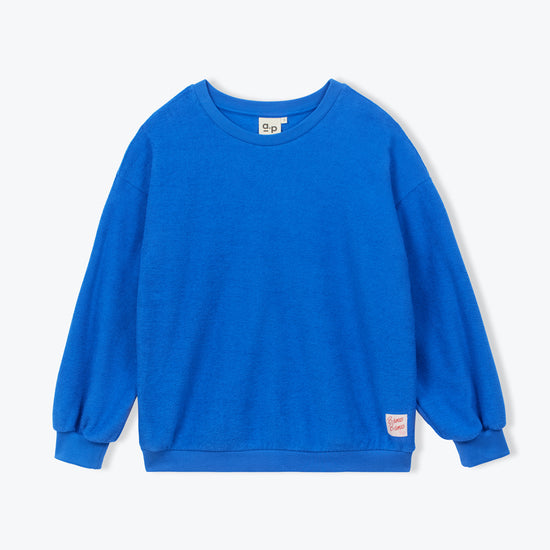 A bright blue crewneck sweatshirt with long sleeves and ribbed cuffs, shown flat against a light gray background.