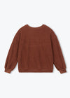 A brown crewneck sweatshirt with long balloon sleeves and ribbed cuffs, shown from the back on a light gray background.