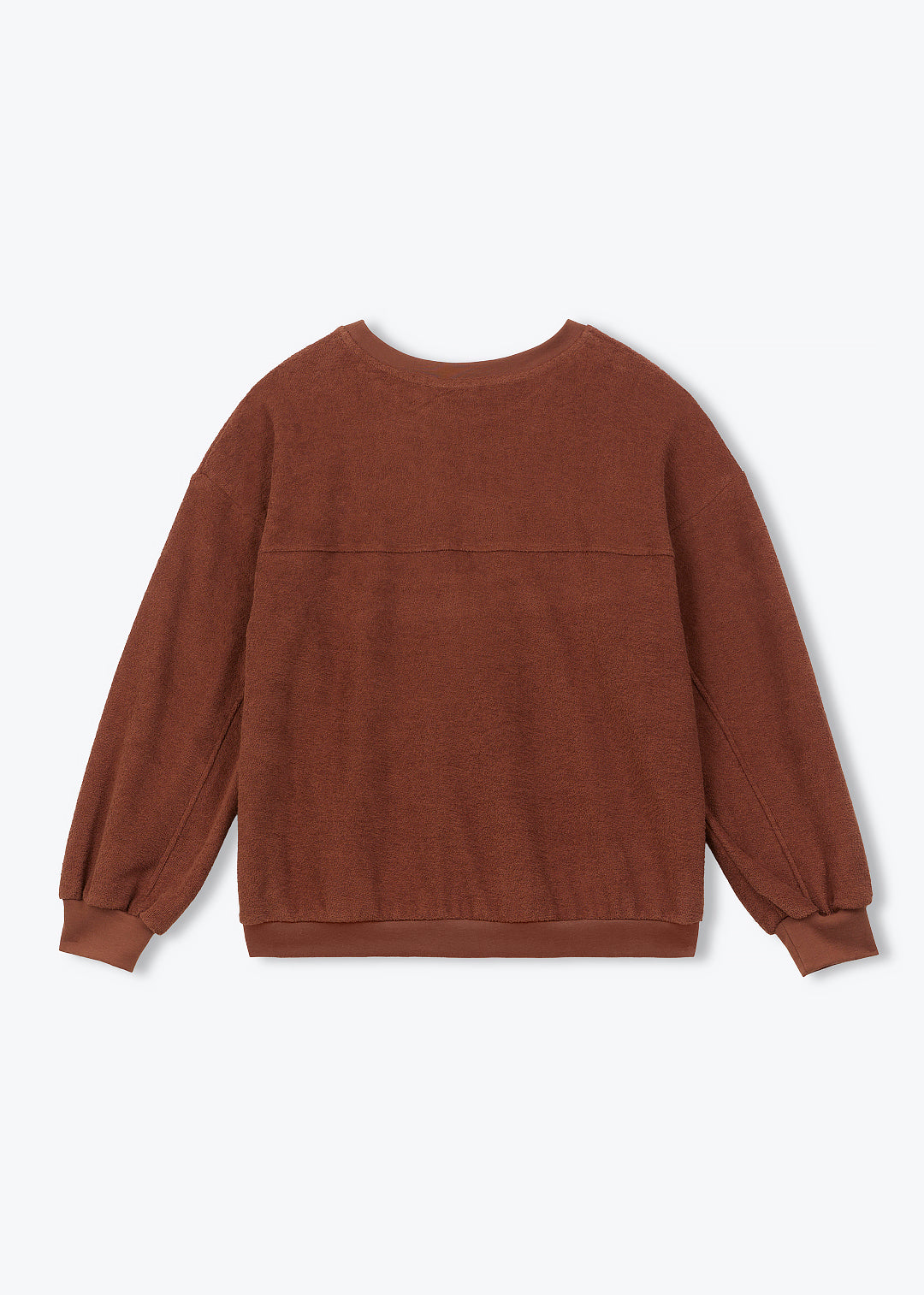 A brown crewneck sweatshirt with long balloon sleeves and ribbed cuffs, shown from the back on a light gray background.