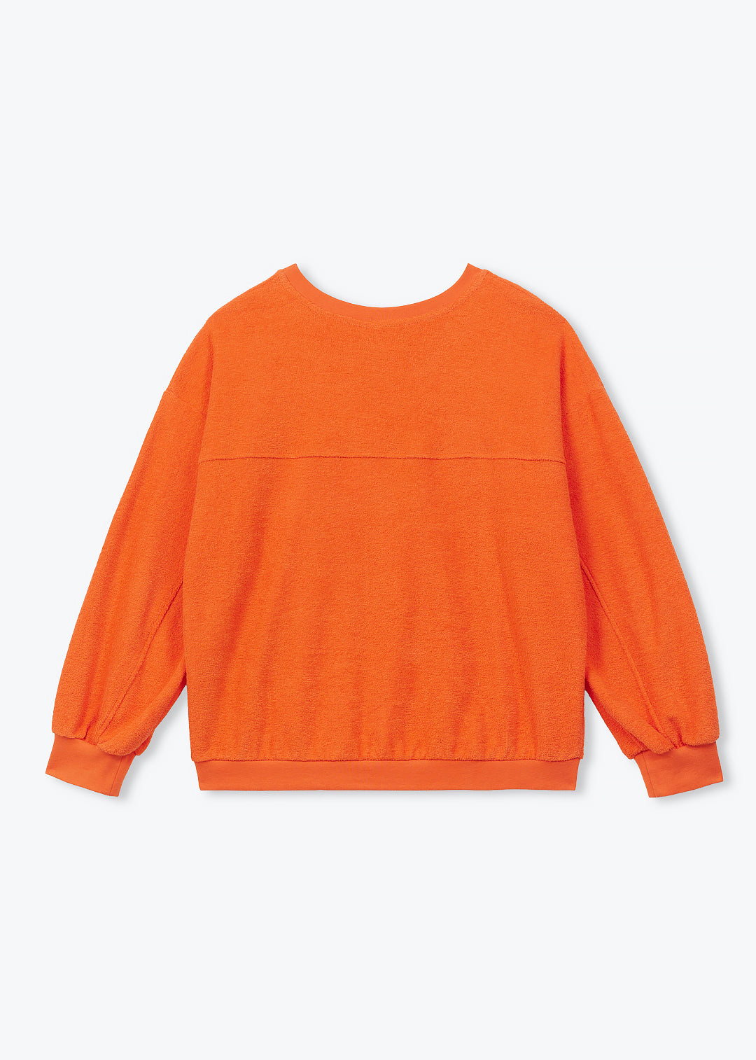 An orange long-sleeve crewneck sweatshirt shown from the back, laid flat against a light gray background.