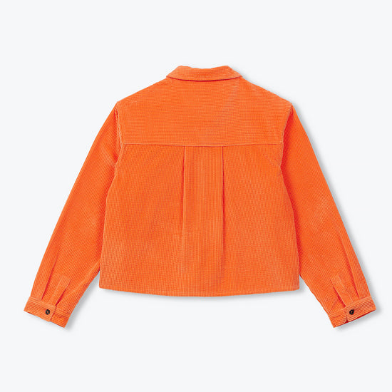 An orange corduroy jacket shown from the back, featuring a pleated center back and buttoned cuffs, displayed on a clean white background.
