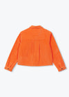An orange corduroy jacket shown from the back, featuring a pleated center back and buttoned cuffs, displayed on a clean white background.