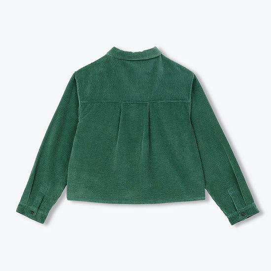 A dark green corduroy long-sleeve shirt with a mock neck and front pleated detail, shown flat on a light gray background.