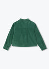 A dark green corduroy long-sleeve shirt with a mock neck and front pleated detail, shown flat on a light gray background.