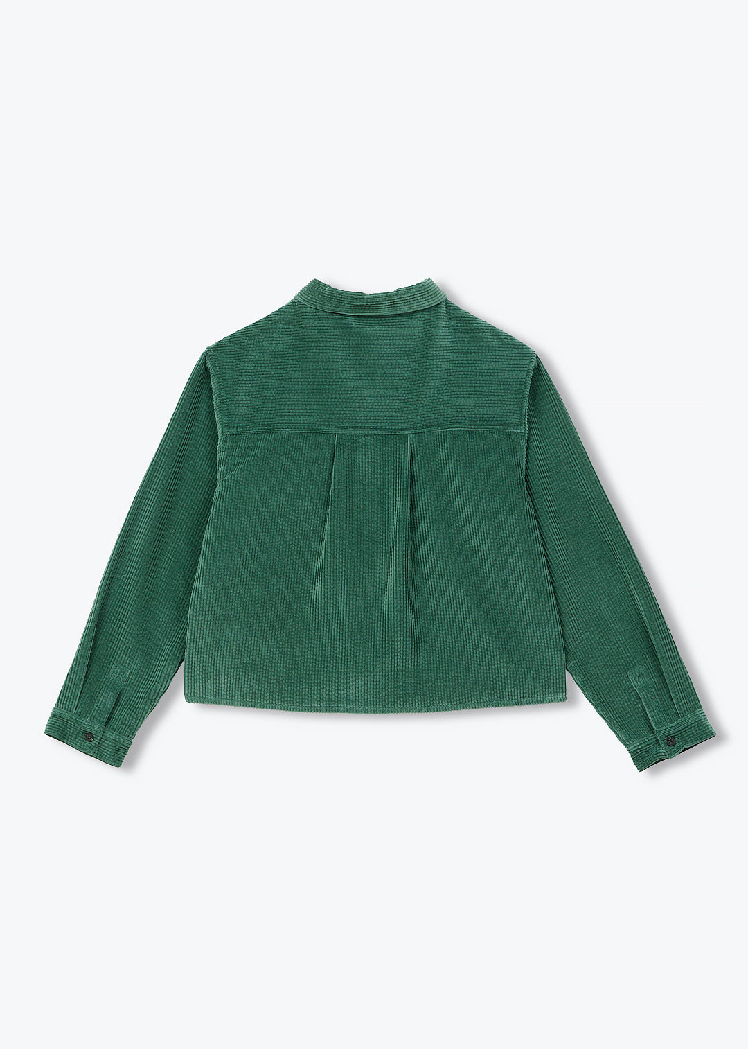 A dark green corduroy long-sleeve shirt with a mock neck and front pleated detail, shown flat on a light gray background.