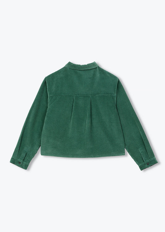 A dark green corduroy long-sleeve shirt with a mock neck and front pleated detail, shown flat on a light gray background.