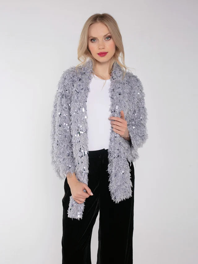 Grey feathery faux fur and sequin kimono top with wide three quarter length sleeves