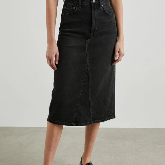 washed black denim midi skirt 