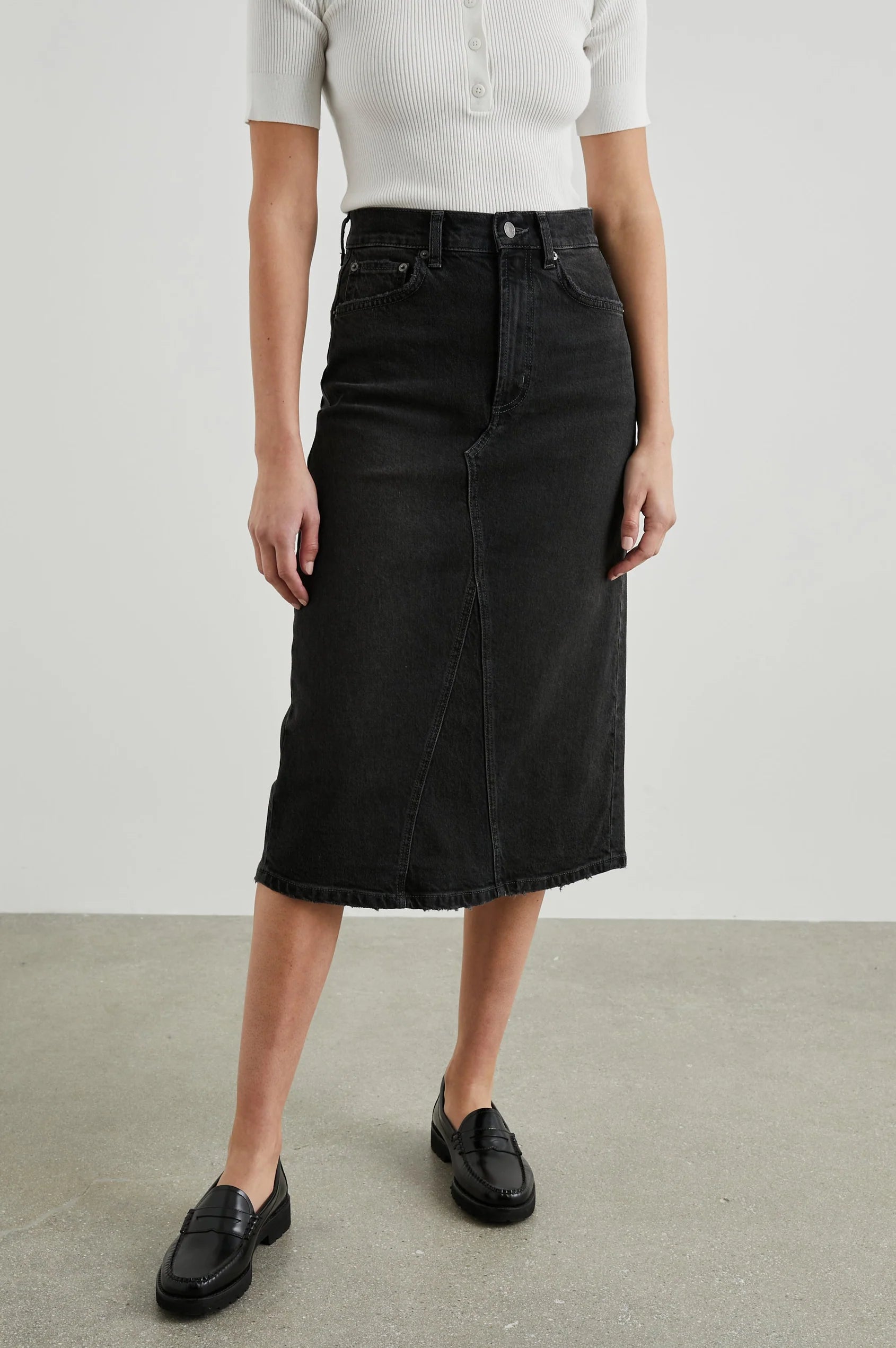 washed black denim midi skirt 