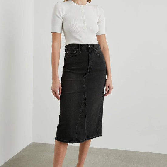 washed black denim midi skirt 