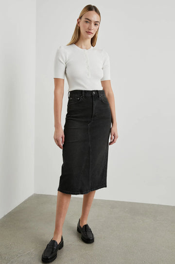 washed black denim midi skirt 