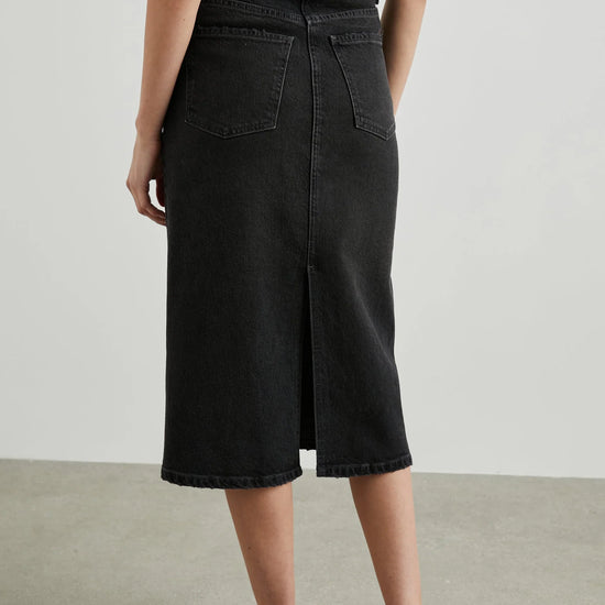 washed black denim midi skirt 