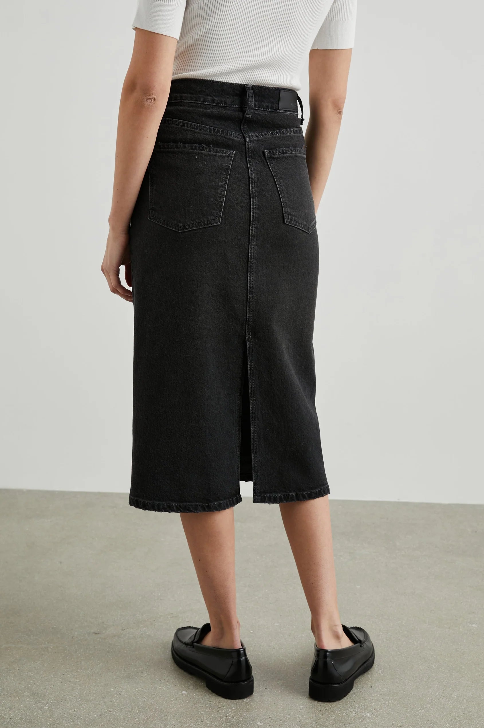 washed black denim midi skirt 